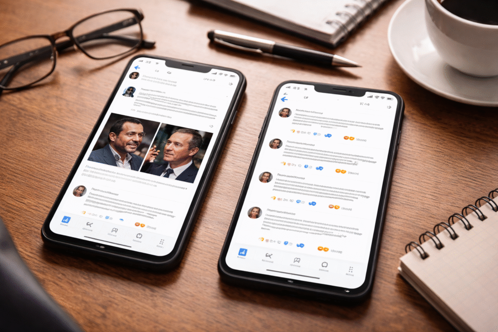 Smartphones on a desk showing social media comment threads and reaction icons, illustrating online debate over a political controversy.