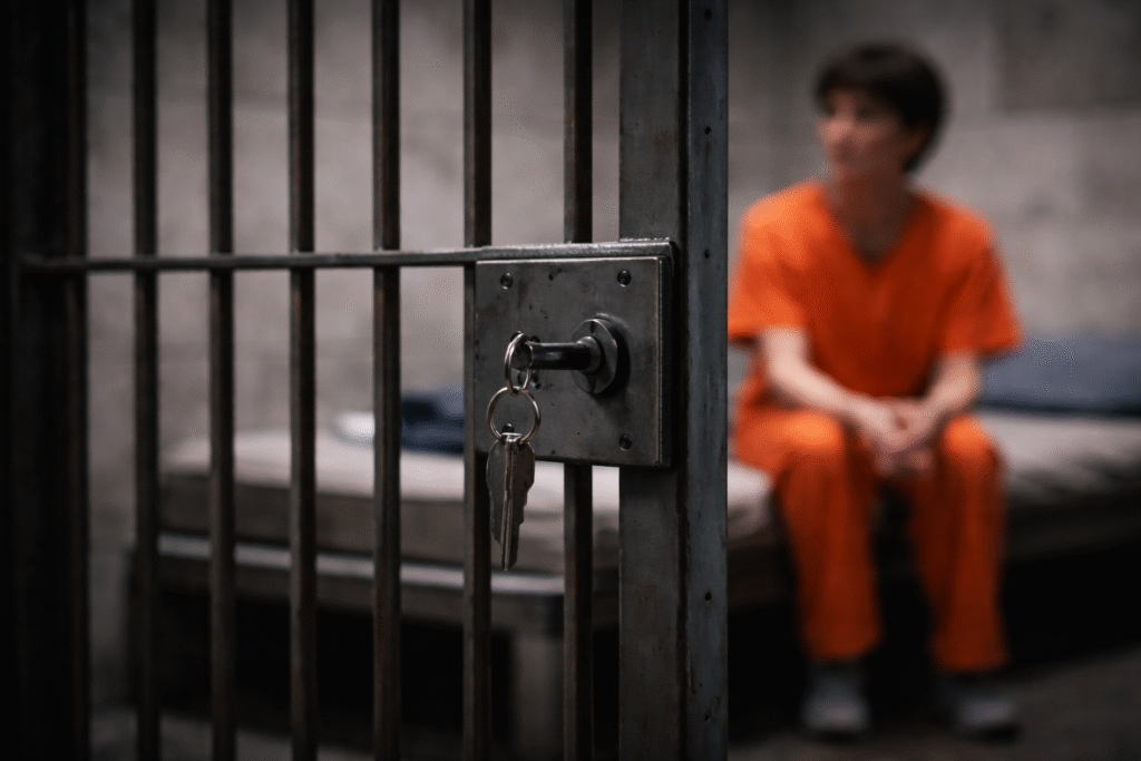 Close-up of a locked prison cell door with keys in the foreground, while a blurred woman with short hair sits on a bunk in an orange prison uniform in the background, symbolizing incarceration and legal confinement.