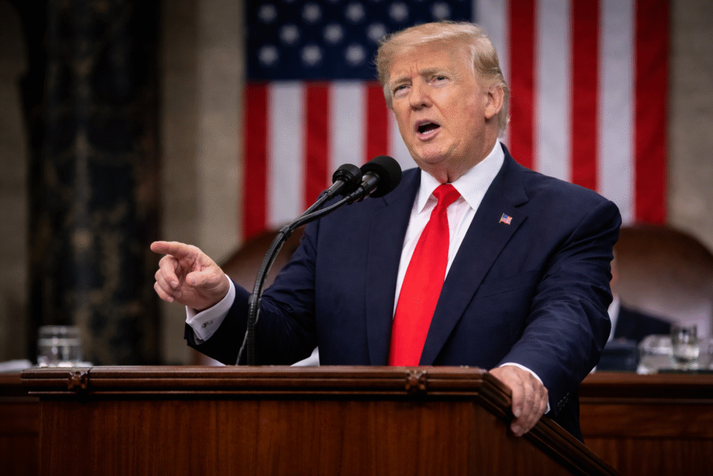 Donald Trump stands at the State of the Union podium inside the House chamber, speaking with emphasis during his 2026 address.