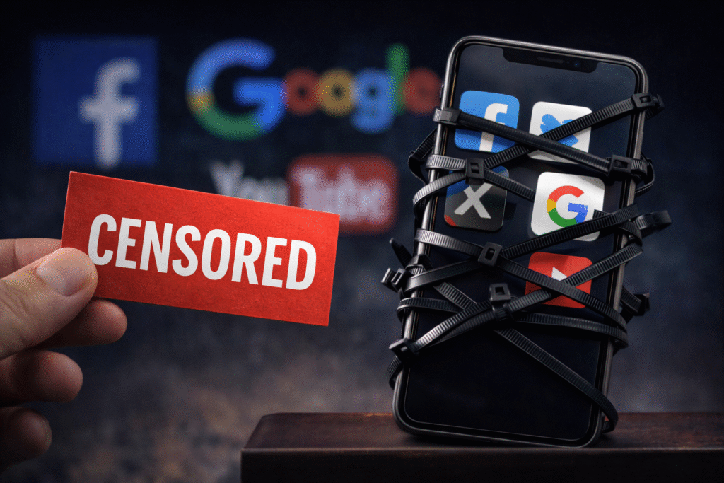 Smartphone tightly bound with black cable ties on a table, symbolizing restriction and control of online platforms, with blurred social media icons in the background.