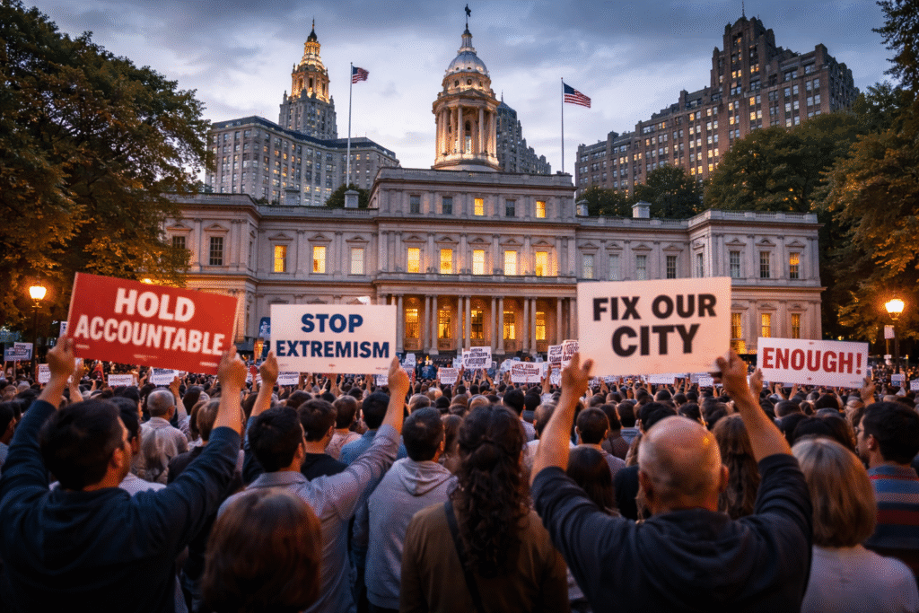 Crowds in front of New York City municipal buildings at dusk, with people holding signs and engaging in political discussion.