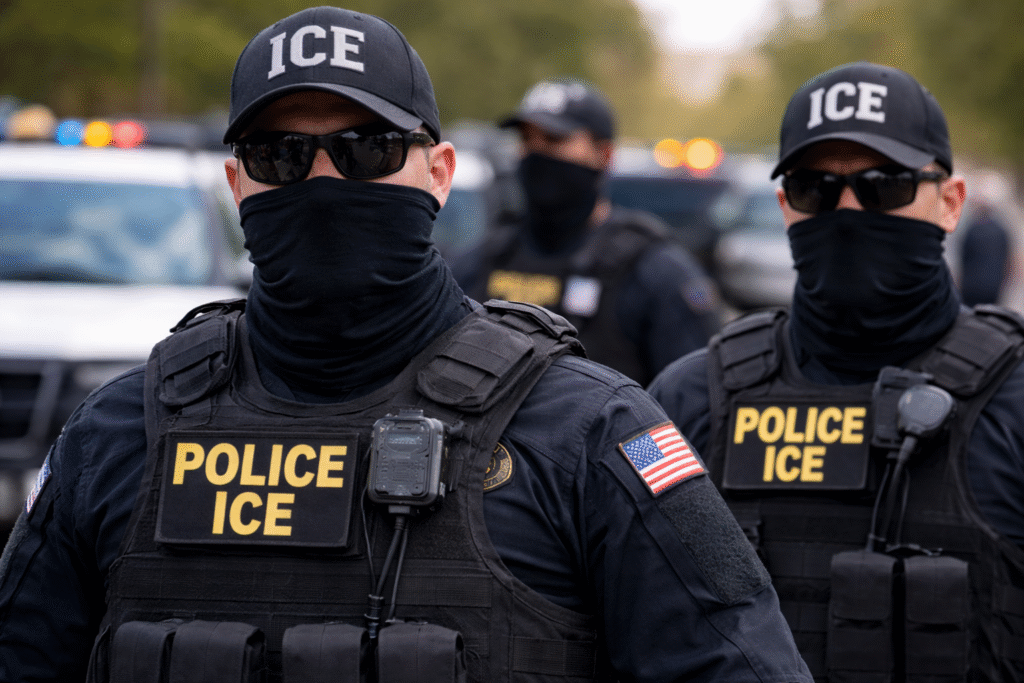 Two masked Immigration and Customs Enforcement officers in black tactical uniforms stand outdoors near law enforcement vehicles, with additional agents visible in the background.