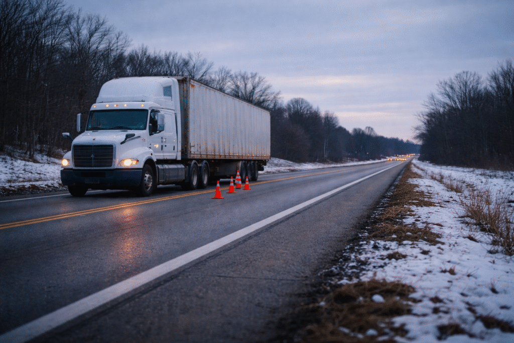 A semi-truck parked on the shoulder of an Indiana highway in winter with orange traffic cones nearby, symbolizing the aftermath of a fatal crash that killed four people and led to ICE detainment of the driver.