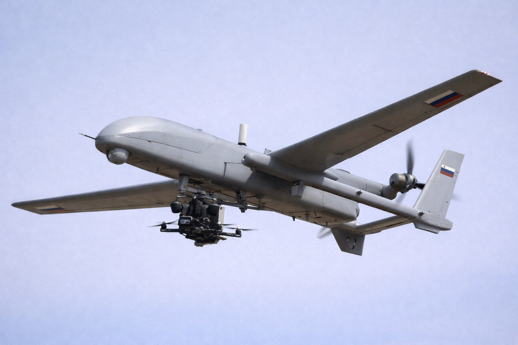 A Russian Gerbera unmanned aerial vehicle (UAV) drone in flight, symbolizing its use as a carrier for FPV drones in the Ukraine conflict.