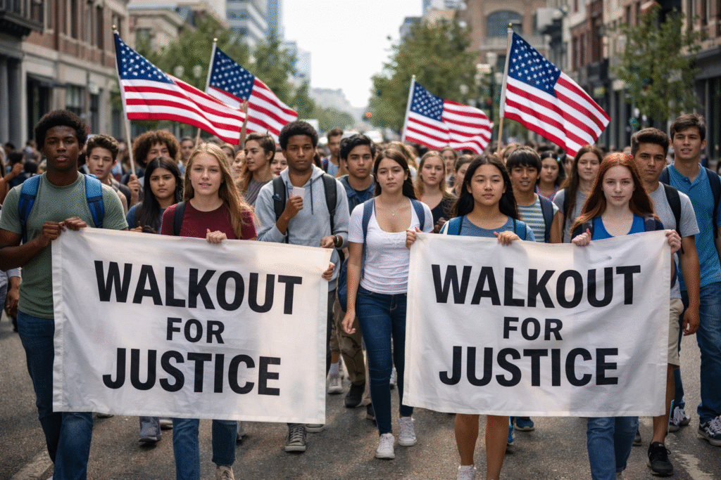 Students participating in a peaceful school walkout, holding banners and American flags while marching together down a city street.