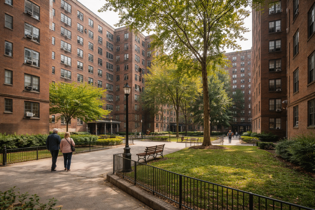 Exterior view of a New York City public housing complex courtyard with brick buildings and walkways, illustrating the context of NYCHA tenants affected by exclusion from rental hearings.