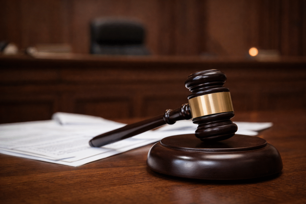 A judge’s gavel resting on a wooden desk in a courtroom, with blurred legal documents and the judge’s bench in the background, symbolizing the sentencing in a federal threat case.