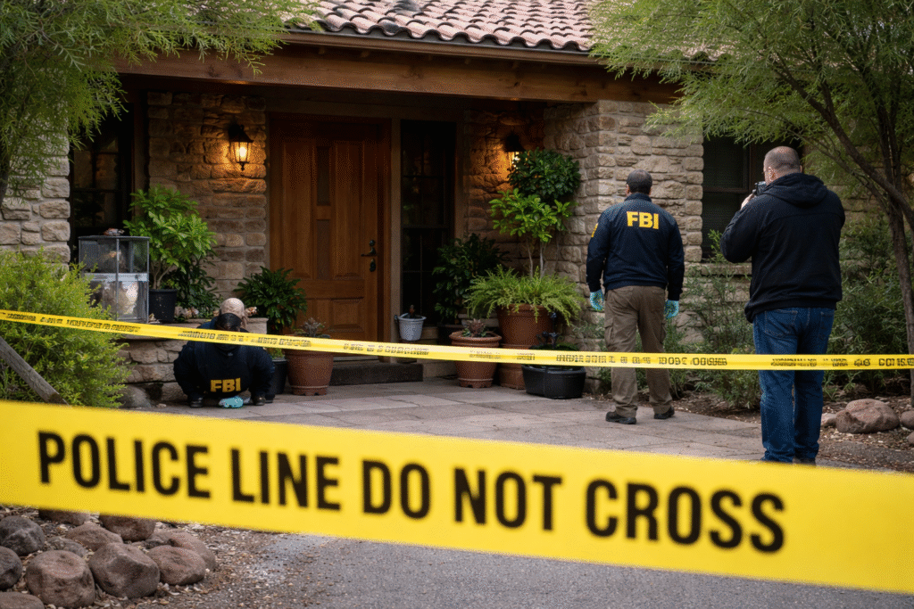 Porch area of a Tucson, Arizona residence cordoned off with police tape where investigators search in the case of missing Nancy Guthrie.