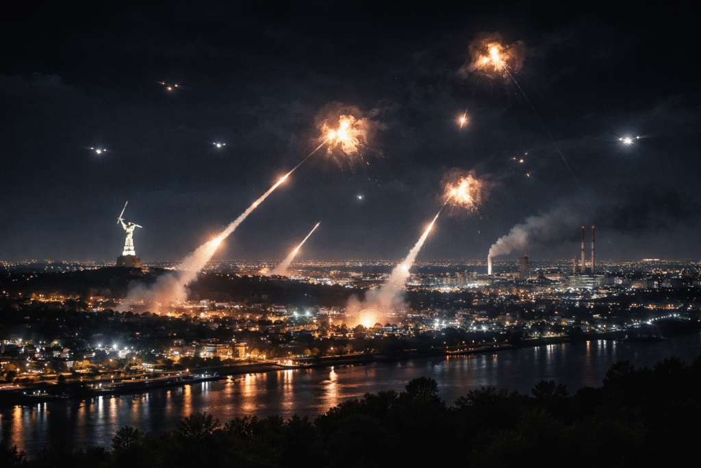 Nighttime view of an industrial city skyline with air defense activity visible against the dark sky, symbolizing a reported drone attack over the Volgograd region.