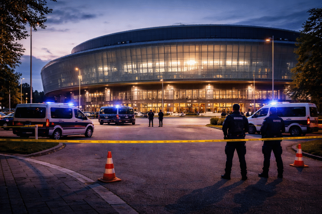 Exterior of a large Vienna arena with police vehicles and cordoned-off area, representing authorities foiling a terror plot.