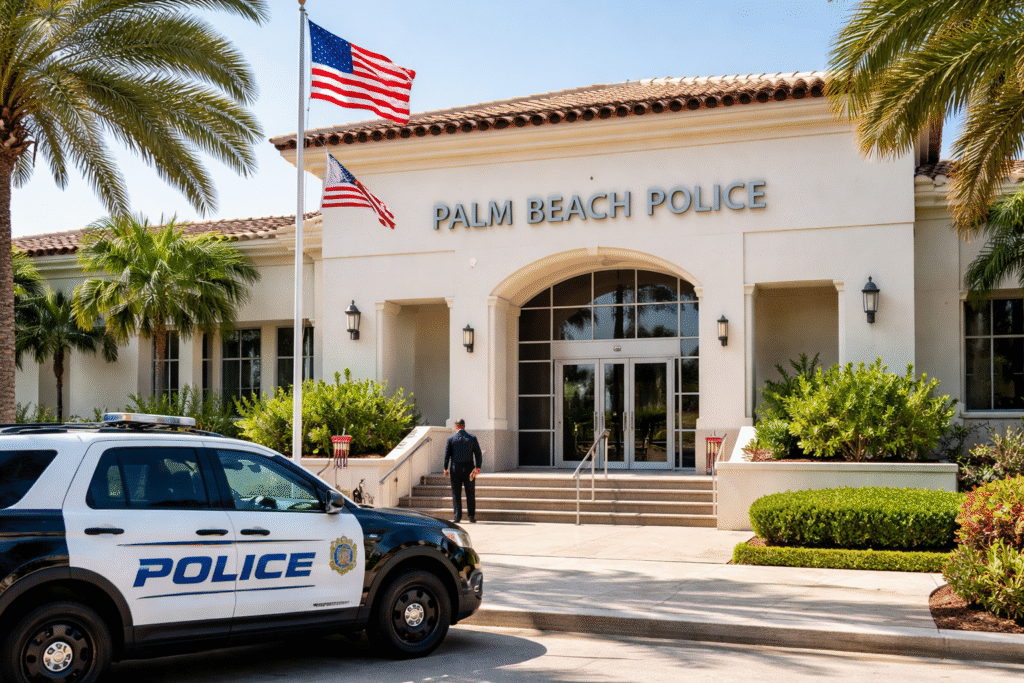 Exterior of the Palm Beach Police Department building with palm trees, flagpoles, and a police vehicle parked outside in daylight.