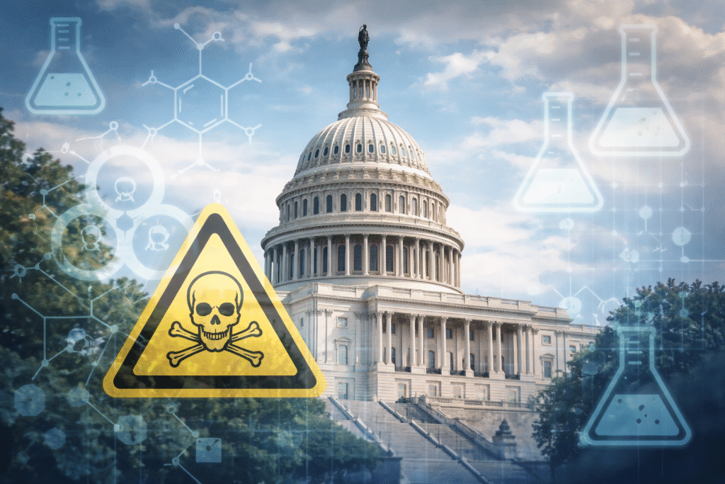 U.S. Capitol building with chemical hazard symbols overlaid, illustrating legislative efforts to change toxic chemical protections.