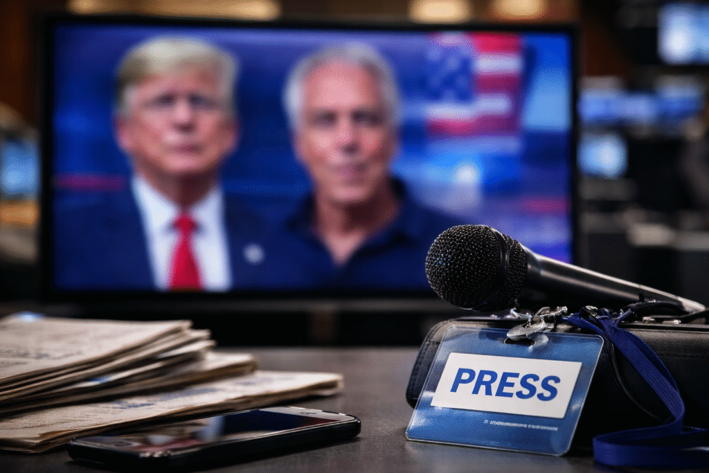 Television screen in a newsroom showing a blurred news graphic with a microphone and press credentials in the foreground, illustrating media coverage and reporting.