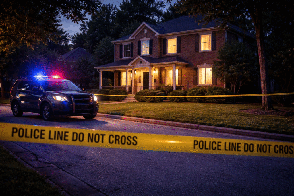 Police vehicle and yellow tape surrounding a suburban house at dusk symbolizing the investigation of a suspected drive-by shooting at a political candidate’s home.