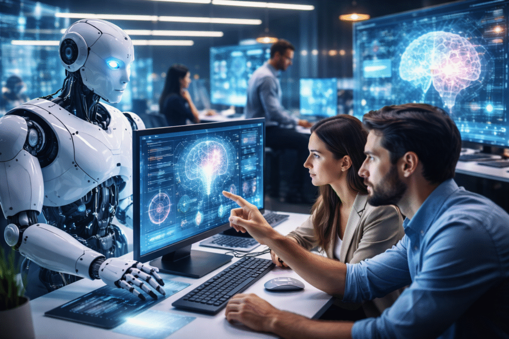 A futuristic office scene with professionals using advanced AI tools on screens, symbolizing how revolutionary AI technology is changing work and industries.