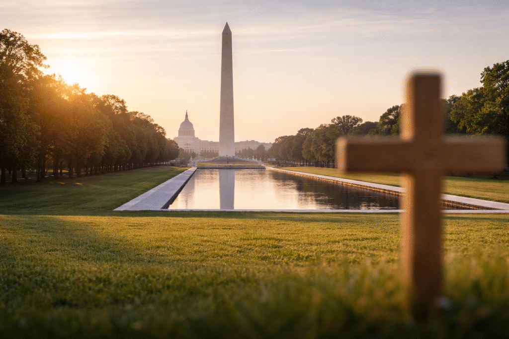 JPEG image generated: A realistic photo-style depiction of the National Mall in Washington, D.C., with the U.S. Capitol and Washington Monument in view, early morning light illuminating empty expansive lawns; a simple wooden cross softly out of focus in the foreground symbolizing a national prayer event.