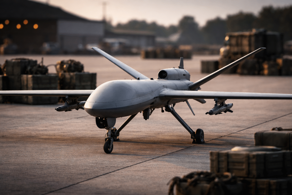 A military unmanned aerial vehicle (drone) positioned on a test range tarmac with blurred support equipment in the background, representing Pentagon drone trials and defense technology evaluation.