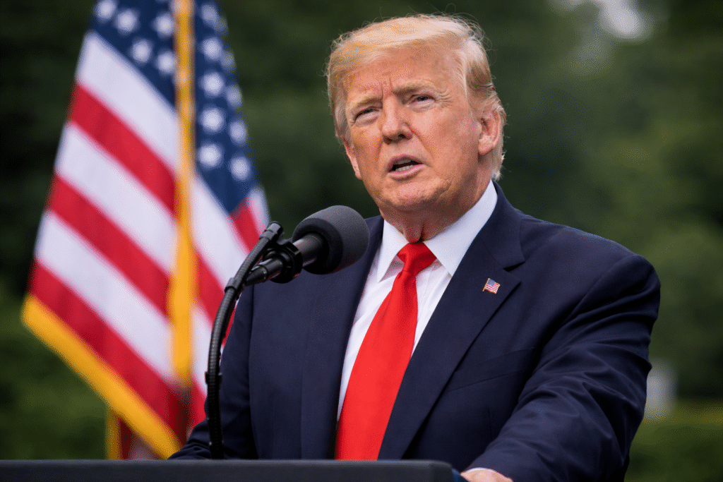 Donald Trump speaks at an outdoor podium wearing a navy suit and red tie, with a blurred American flag in the background.