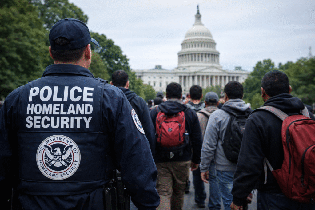 A Department of Homeland Security officer stands behind a group of people walking toward the U.S. Capitol building in Washington, D.C., with backpacks visible as they approach the dome under cloudy skies.