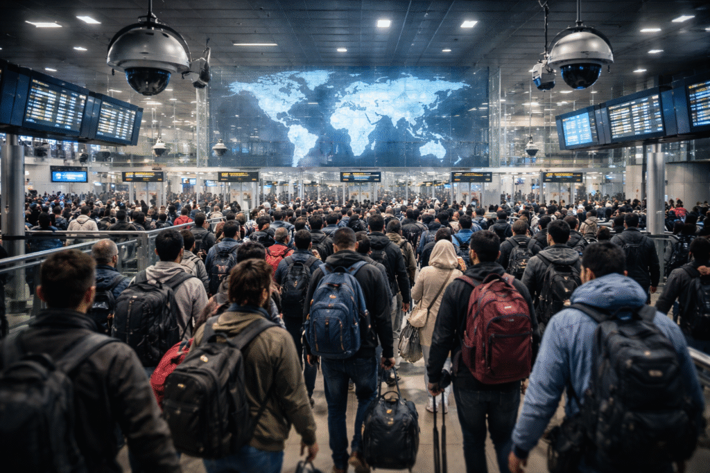 Crowd of people moving through an international transit area with visible security and surveillance elements, representing global migration and centralized governance.