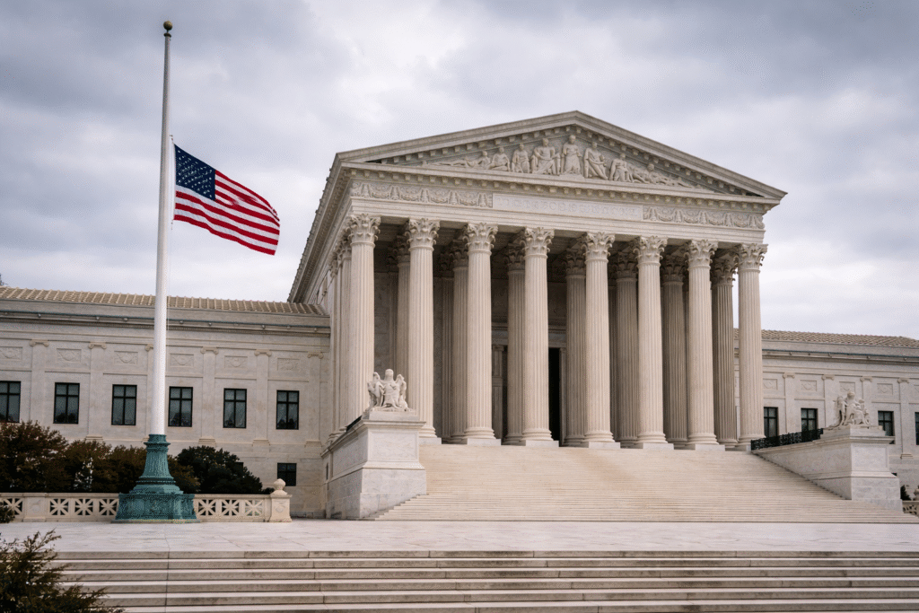 The U.S. Supreme Court building in Washington, D.C., with the American flag flying at half-mast, representing the court’s decision on vaccine mandate cases.