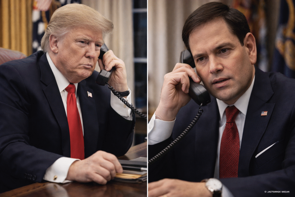 Photo-style image split into two panels showing Donald Trump and Marco Rubio each holding a telephone during a serious conversation in formal office settings.