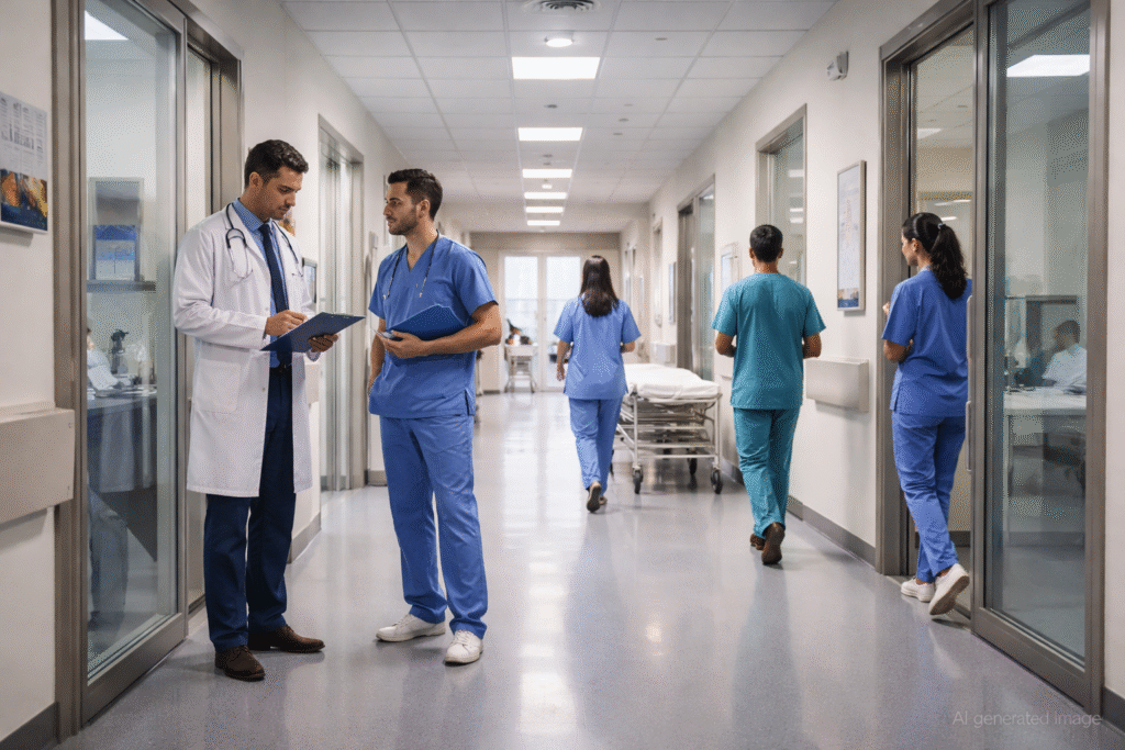 Interior hospital corridor with medical staff in scrubs moving between rooms in a clean, well-lit healthcare facility