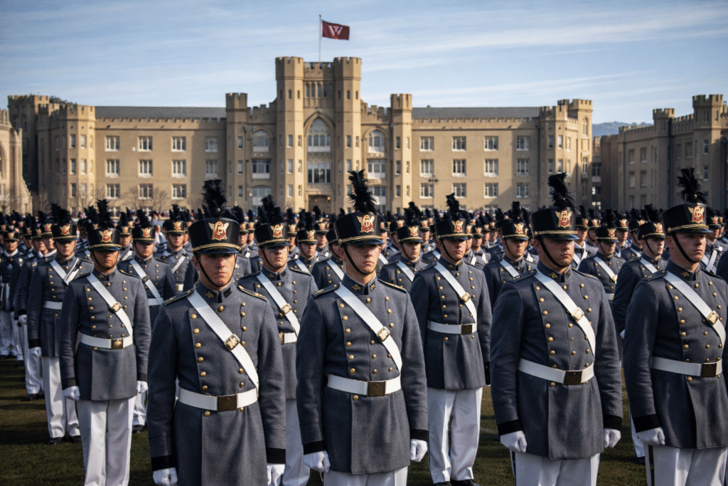 Cadets in formation at the Virginia Military Institute campus symbolizing the institution’s traditions and current cultural debate.