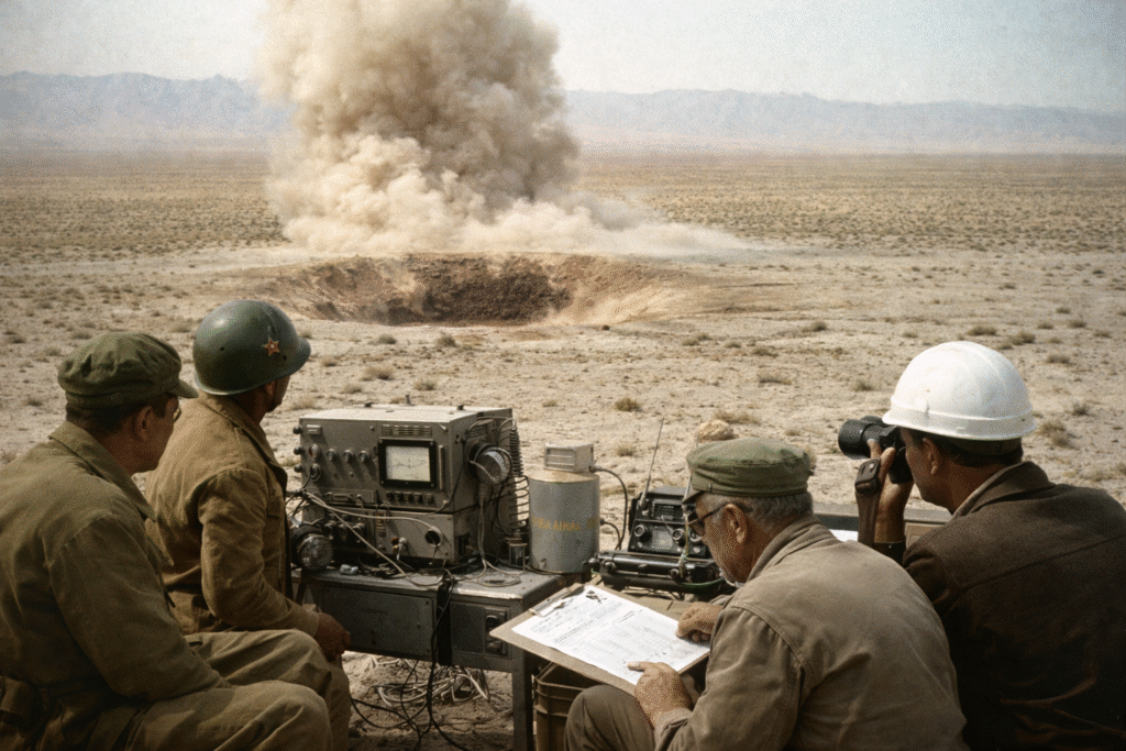 Historical photo of a remote Soviet blast site where an underground nuclear device was detonated to extinguish a massive gas fire, with barren terrain and scientific monitoring equipment.