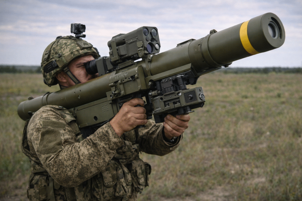 A Russian soldier holds a Hermes portable anti-drone air defense missile launcher in a field setting, ready for combat deployment against drones.