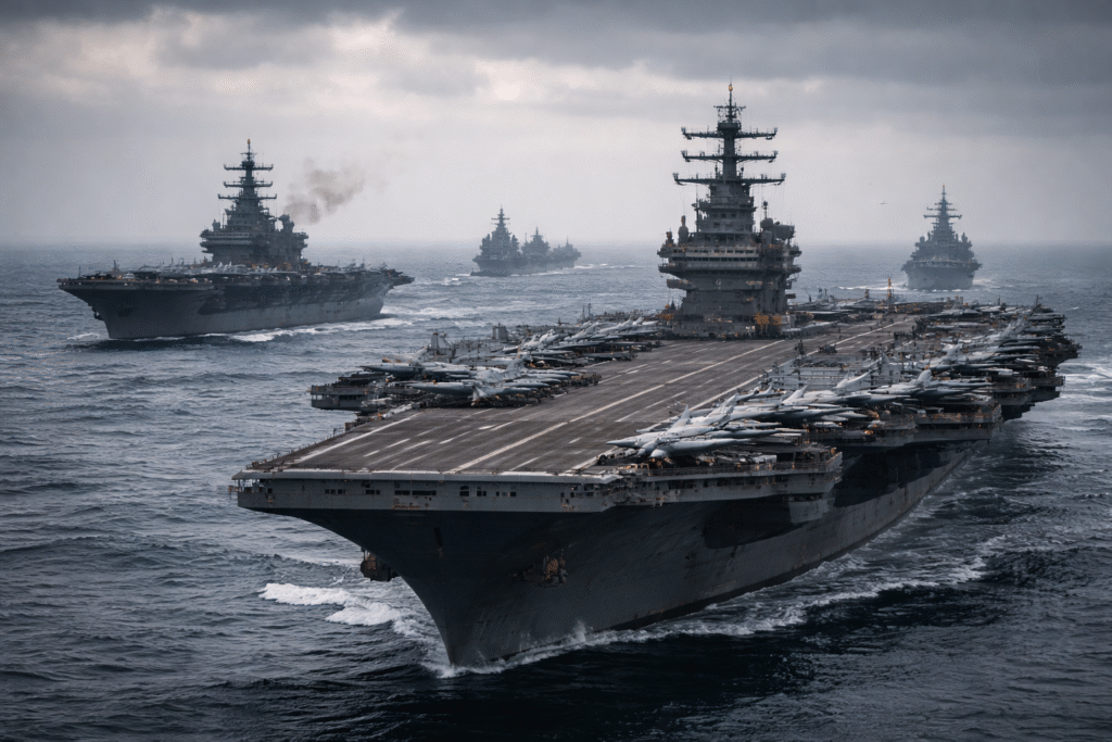 US Navy aircraft carriers and warships in the Persian Gulf illustrating U.S. military readiness against Iran.