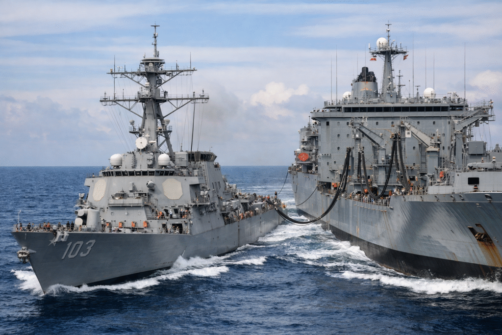 US Navy destroyer sailing alongside a naval supply ship in open ocean during routine operations.