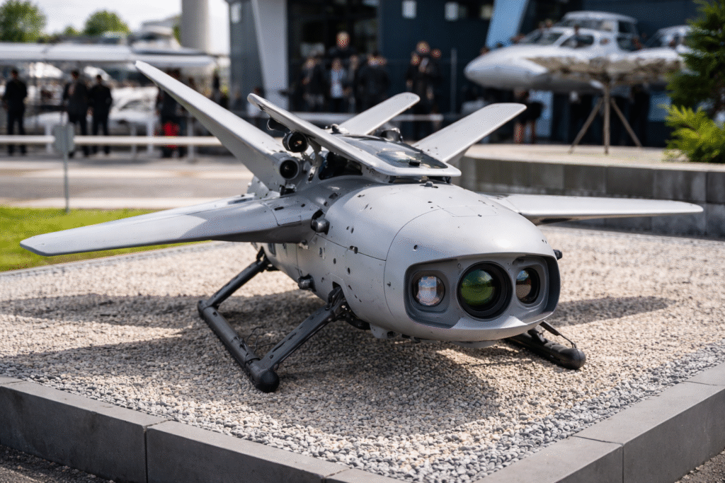 Ground display of a Russian reconnaissance and strike drone with folded X-shaped wings and sensor optics at a defense exhibition.