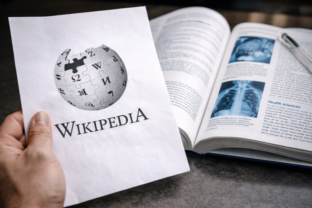 A person holds a printout of the Wikipedia logo beside an open medical textbook, illustrating criticism of Wikipedia’s health information accuracy.
