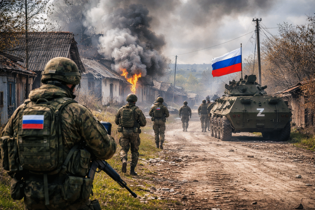 Russian soldiers advancing along a damaged rural road in a village as smoke rises from burning buildings, with an armored vehicle nearby.