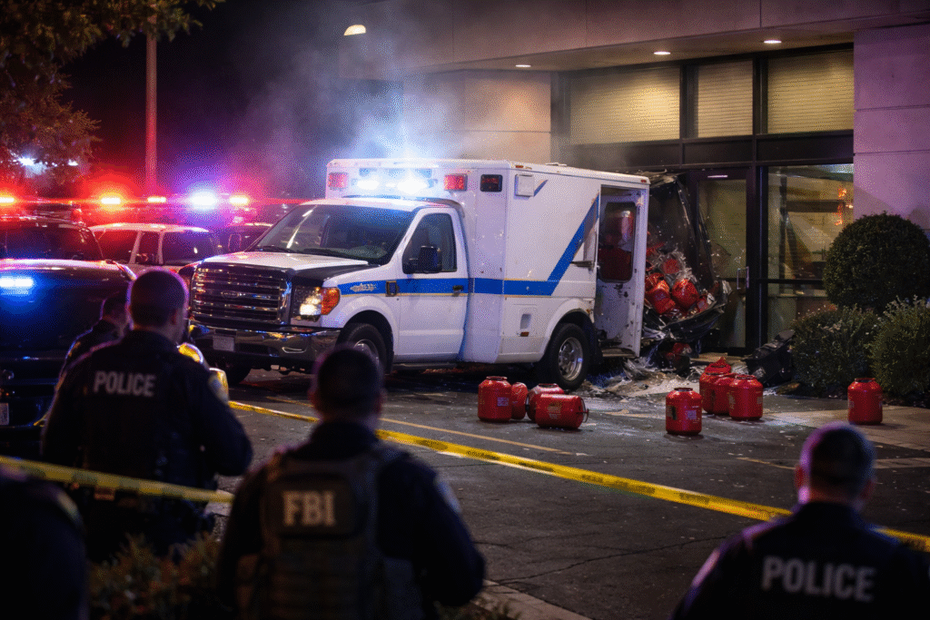 Nighttime scene of a damaged ambulance crashed into a glass-fronted office building entrance, with red gas cans scattered nearby and law enforcement vehicles surrounding the area.