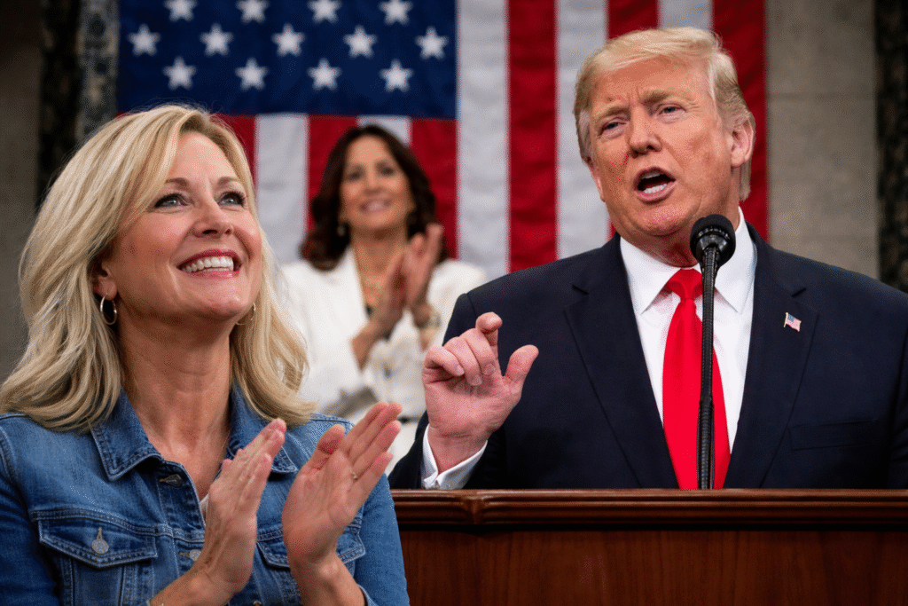 President Donald Trump speaking at a podium during a State of the Union address, with American flags behind him and audience members applauding.