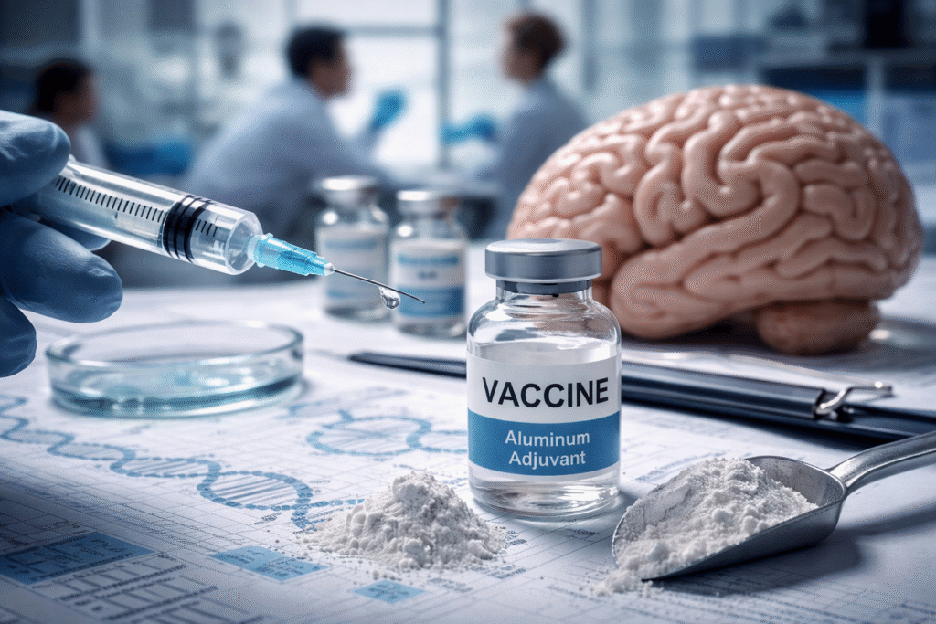 Laboratory scene showing a syringe, vaccine vials, aluminum powder, and a human brain model on a research table, with scientists blurred in the background.