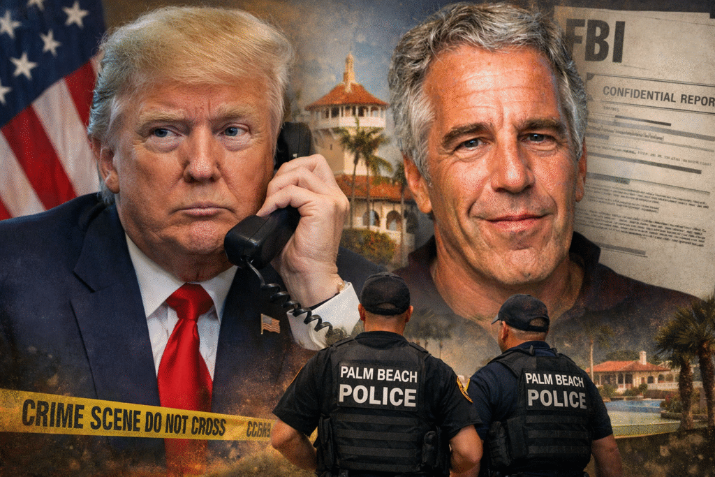 Composite news image showing Donald Trump on a phone, Jeffrey Epstein portrait, Palm Beach police officers, and Mar-a-Lago in the background.