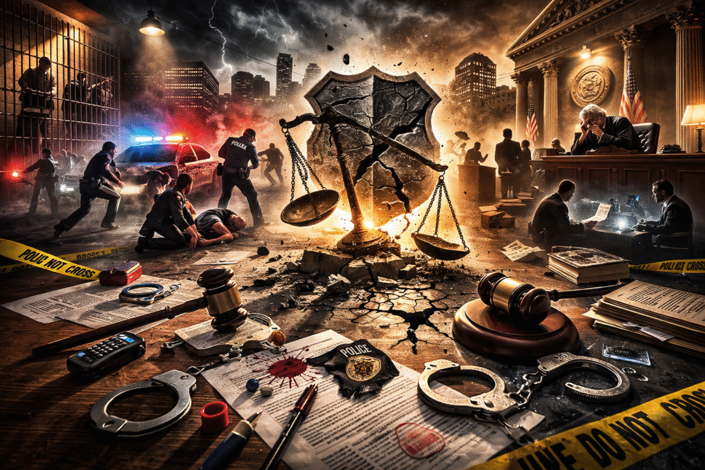 Law-enforcement themed scene showing a cracked police badge and broken scales of justice on a debris-strewn street, with patrol lights, damaged documents, and a fenced holding area in the background.
