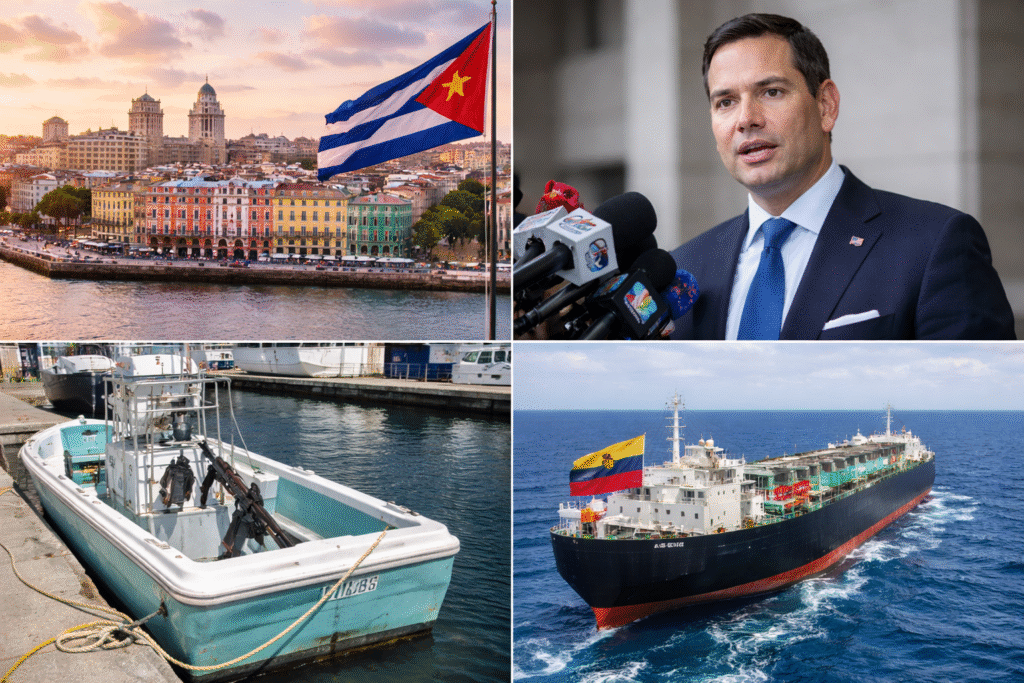 Collage showing Havana skyline with Cuban flag, Marco Rubio speaking to reporters, a small fishing boat docked in Florida, and a Venezuelan oil tanker at sea.