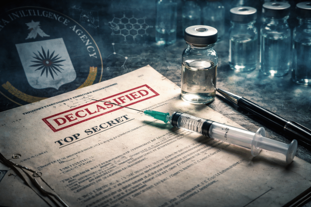 Declassified intelligence document on a desk beside a syringe, vial, and chemical diagrams in a laboratory-style setting.