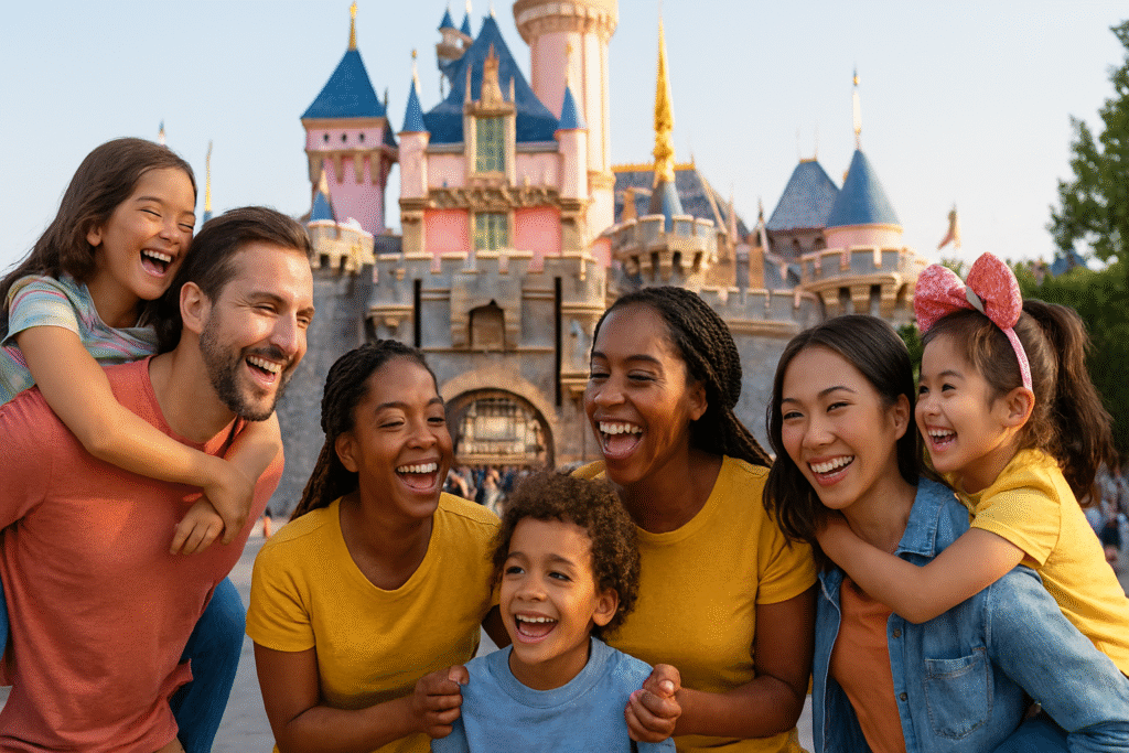 A diverse group of families laughing and posing together in front of a fairytale-style castle at a sunny theme park.