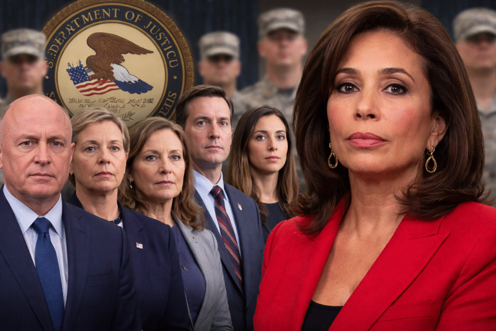 Jeanine Pirro with U.S. Justice Department seal and uniformed military personnel in background representing halted federal case involving lawmakers and military orders.