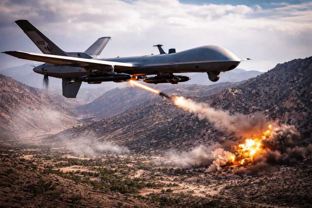 U.S. military drone flying over rugged mountainous terrain in Somalia during an airstrike operation, with an explosion visible on the ground below.
