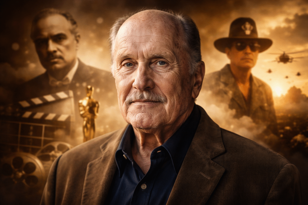 Portrait-style image of an elderly man representing Robert Duvall, with cinematic lighting and a film-themed background featuring classic movie elements and symbolic references to his acting career.