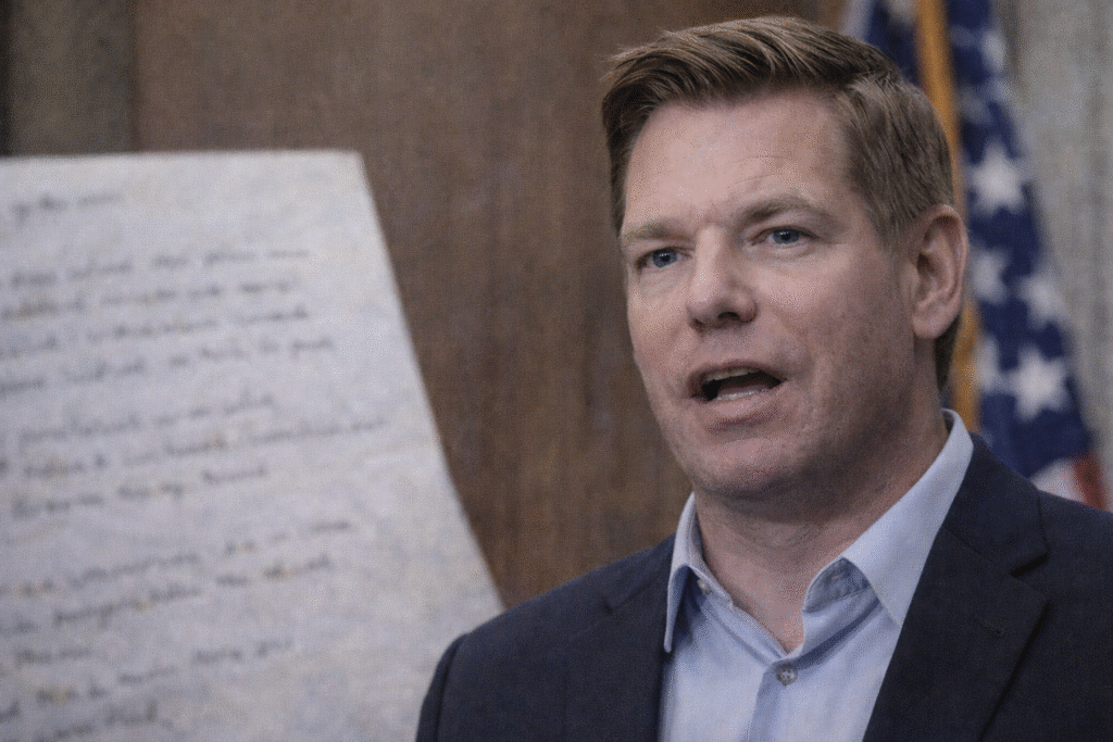 Eric Swalwell speaking indoors in a suit with an American flag and handwritten notes blurred in the background.