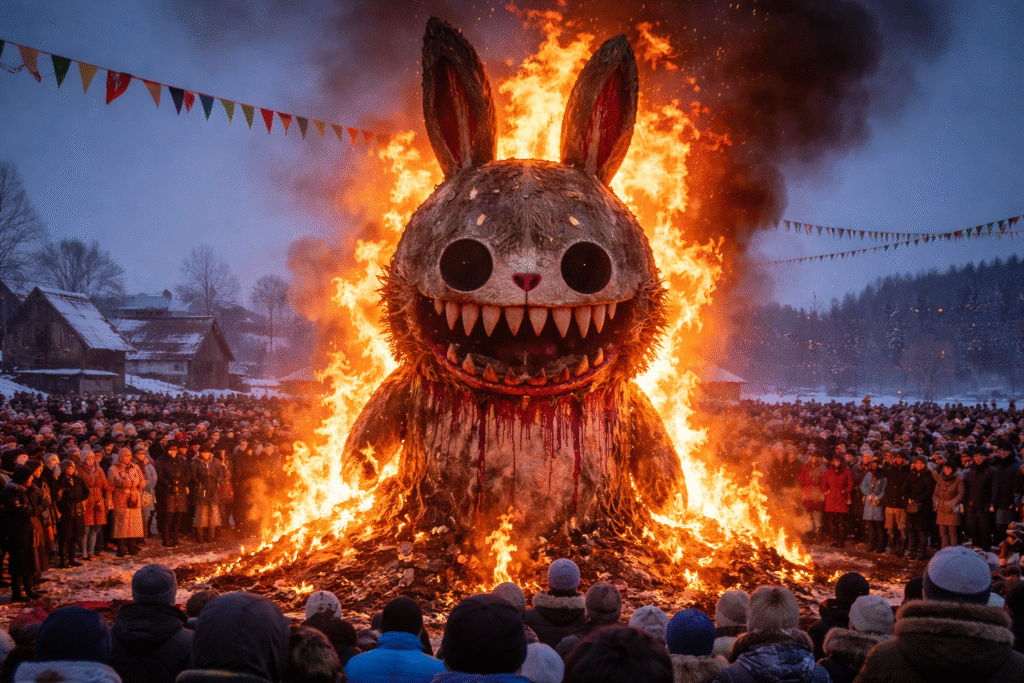 Large Labubu-inspired effigy burning during Maslenitsa festival in Russia, surrounded by a crowd in winter clothing and traditional decorations in a snowy park.