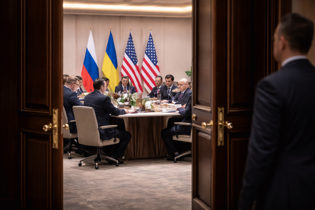 Diplomats from Russia, Ukraine, and the United States seated at a conference table in Abu Dhabi, viewed through partially open wooden doors with security nearby and national flags in the background