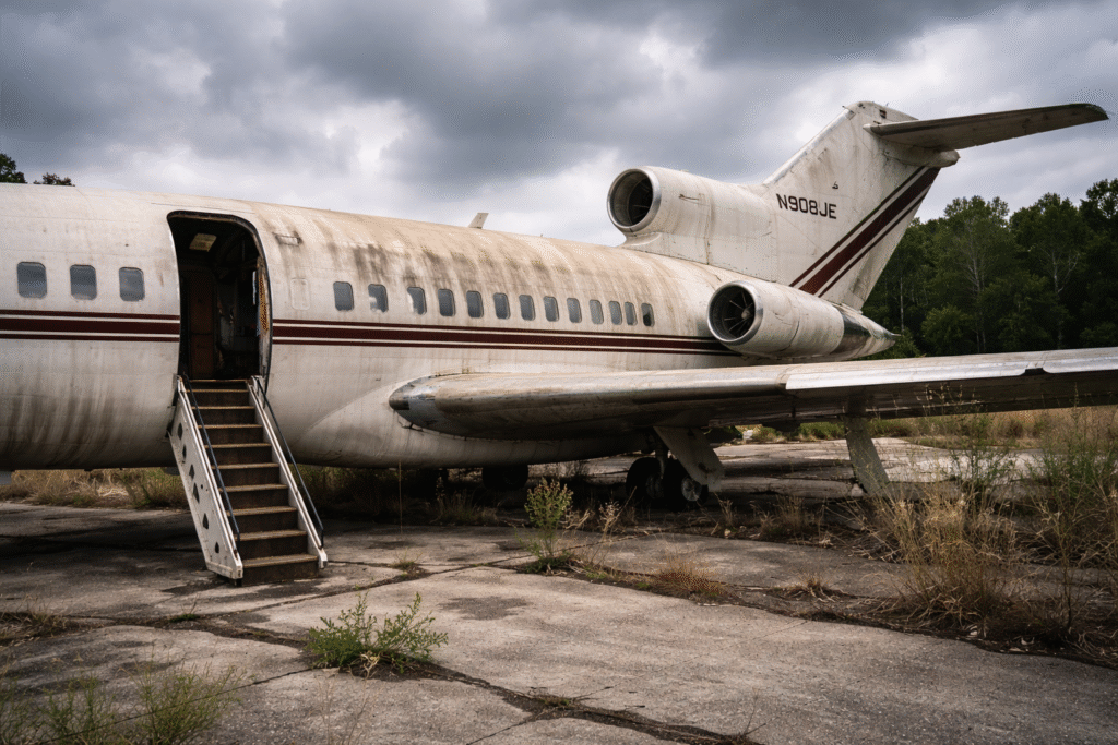 Abandoned Boeing 727 associated with Jeffrey Epstein sitting deteriorated in a Georgia aviation graveyard with weathered exterior and open rear staircase.